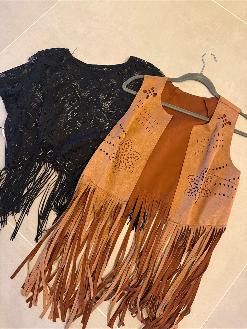 Set - Brown Faux-Suede Fringe Vest and lace black top - Women's